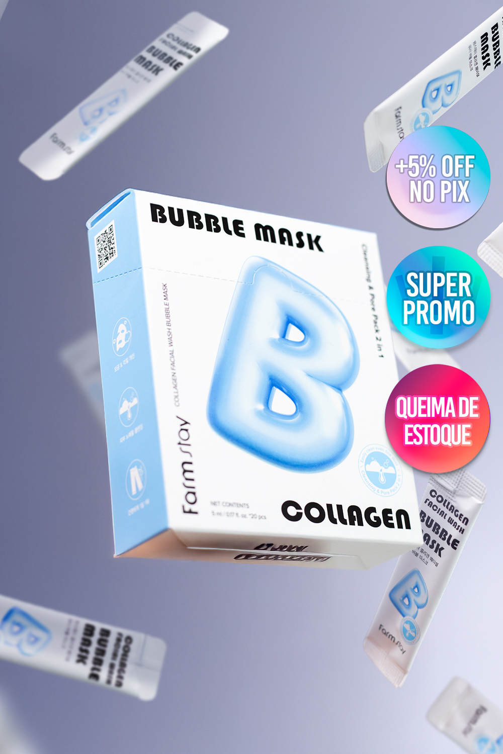 Farmstay Máscara Facial Wash Bubble de Colágeno 5ml x 20 un.