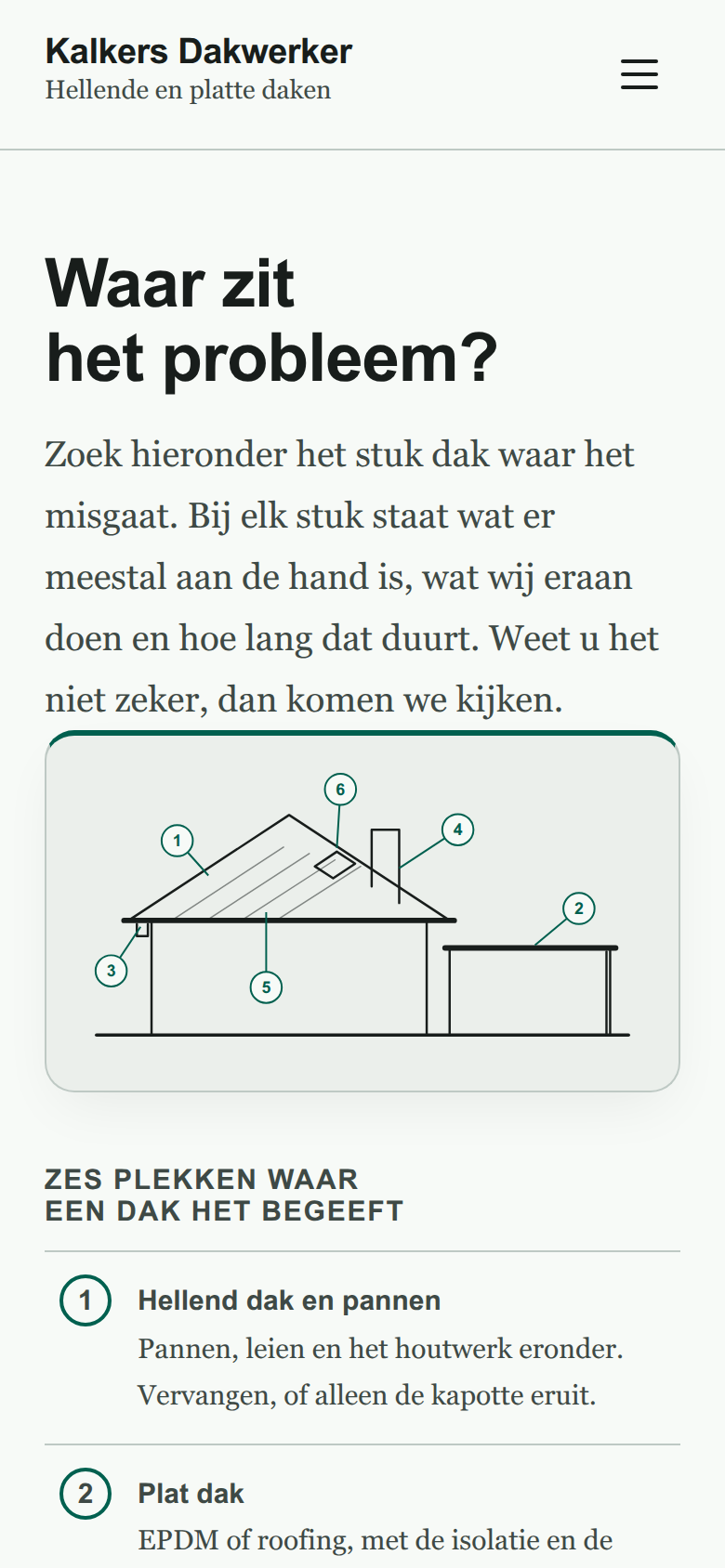 Dezelfde pagina op een telefoon, voor een dakwerker