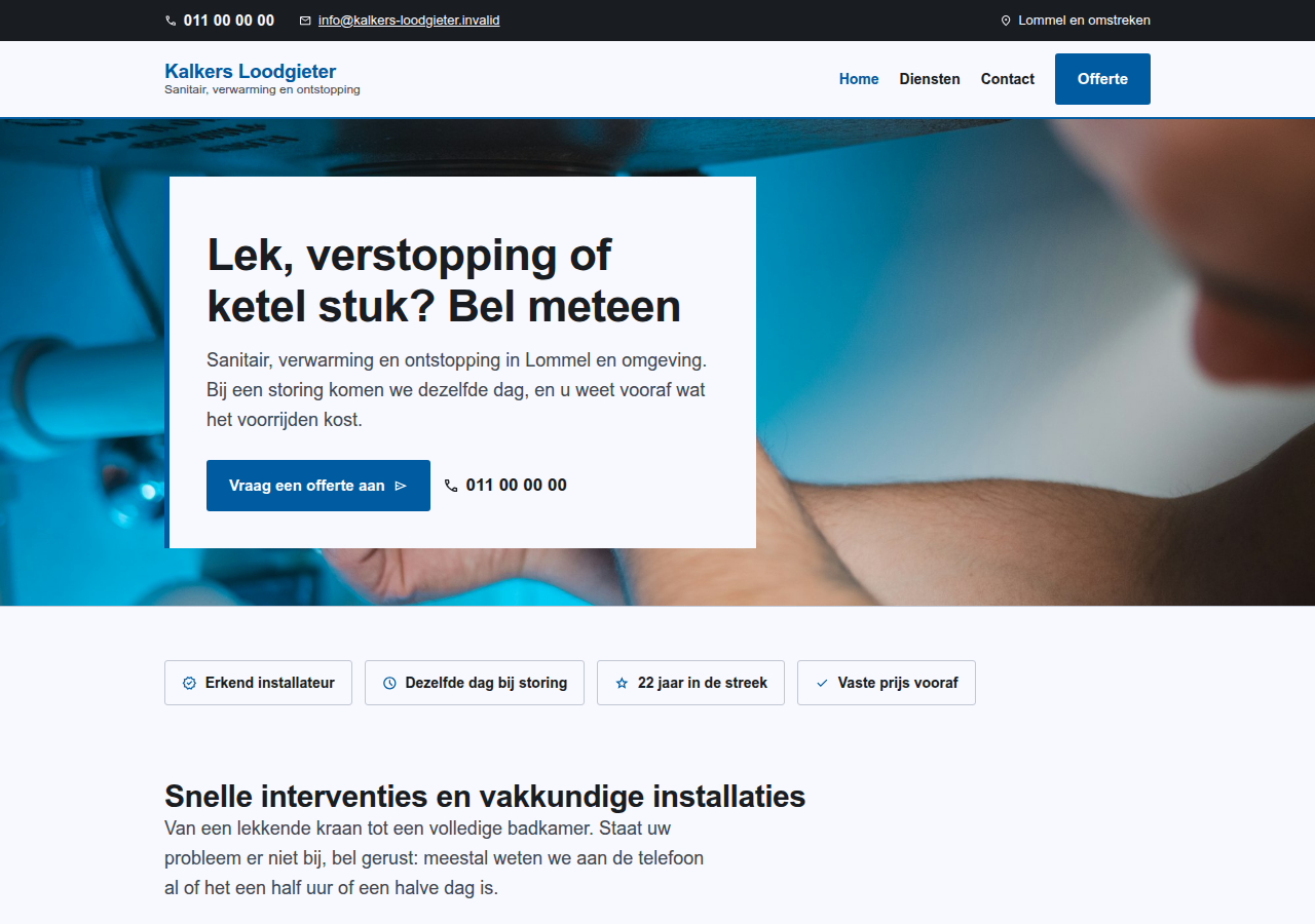 Startpagina van het voorbeeld voor een loodgieter