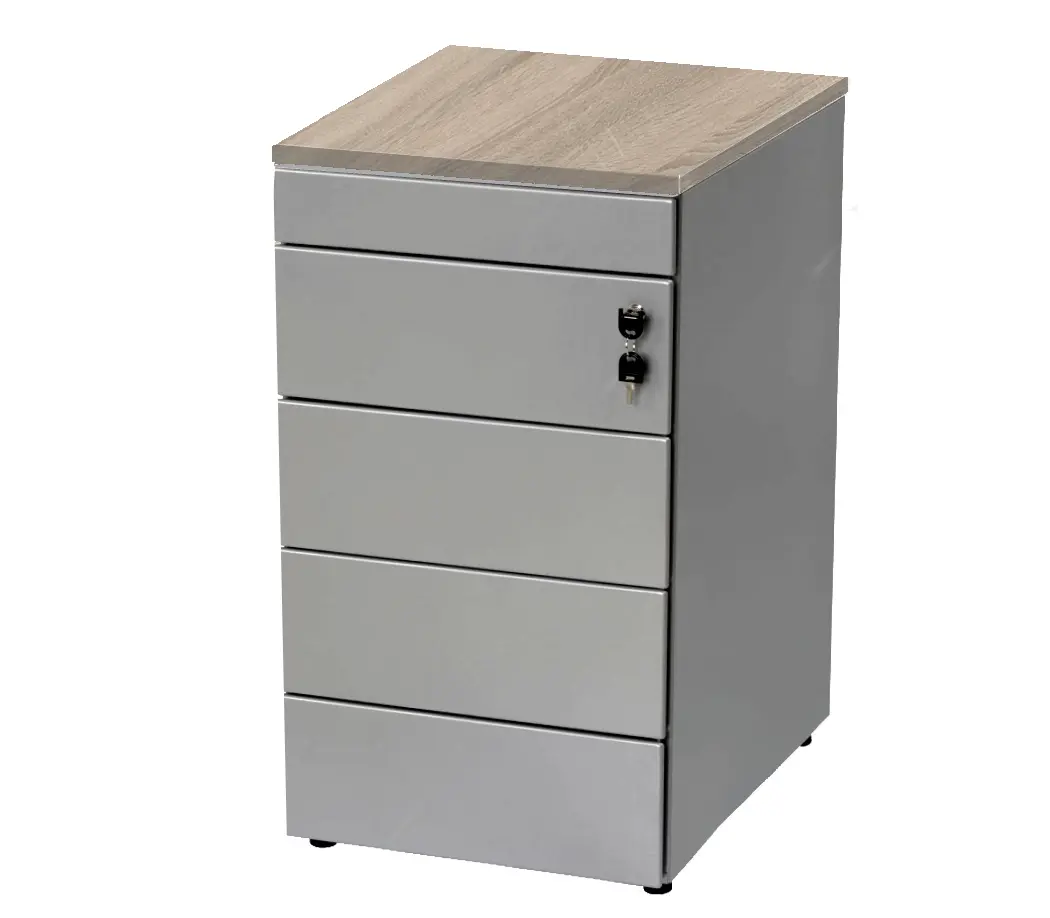 Ladeblok staand Aluminium 4 laden + pennenlade Midden eiken Topblad (60x42,5cm)