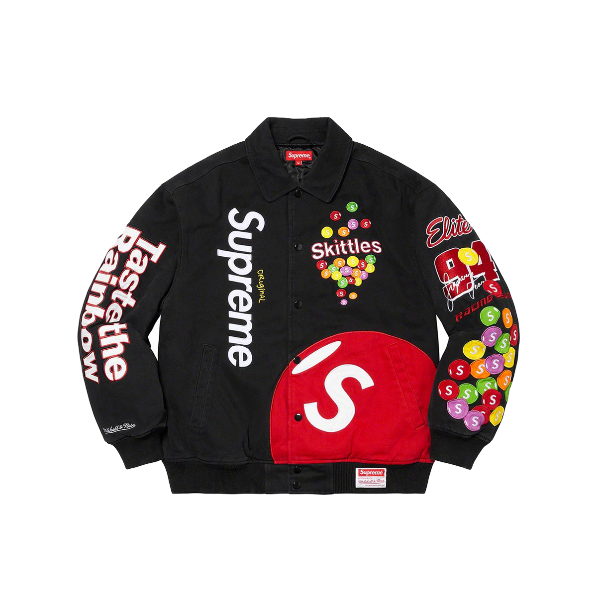 Supreme Skittles Mitchell & Ness Varsity Jacket BlackSupreme Skittles  Mitchell & Ness Varsity Jacket Black - OFour