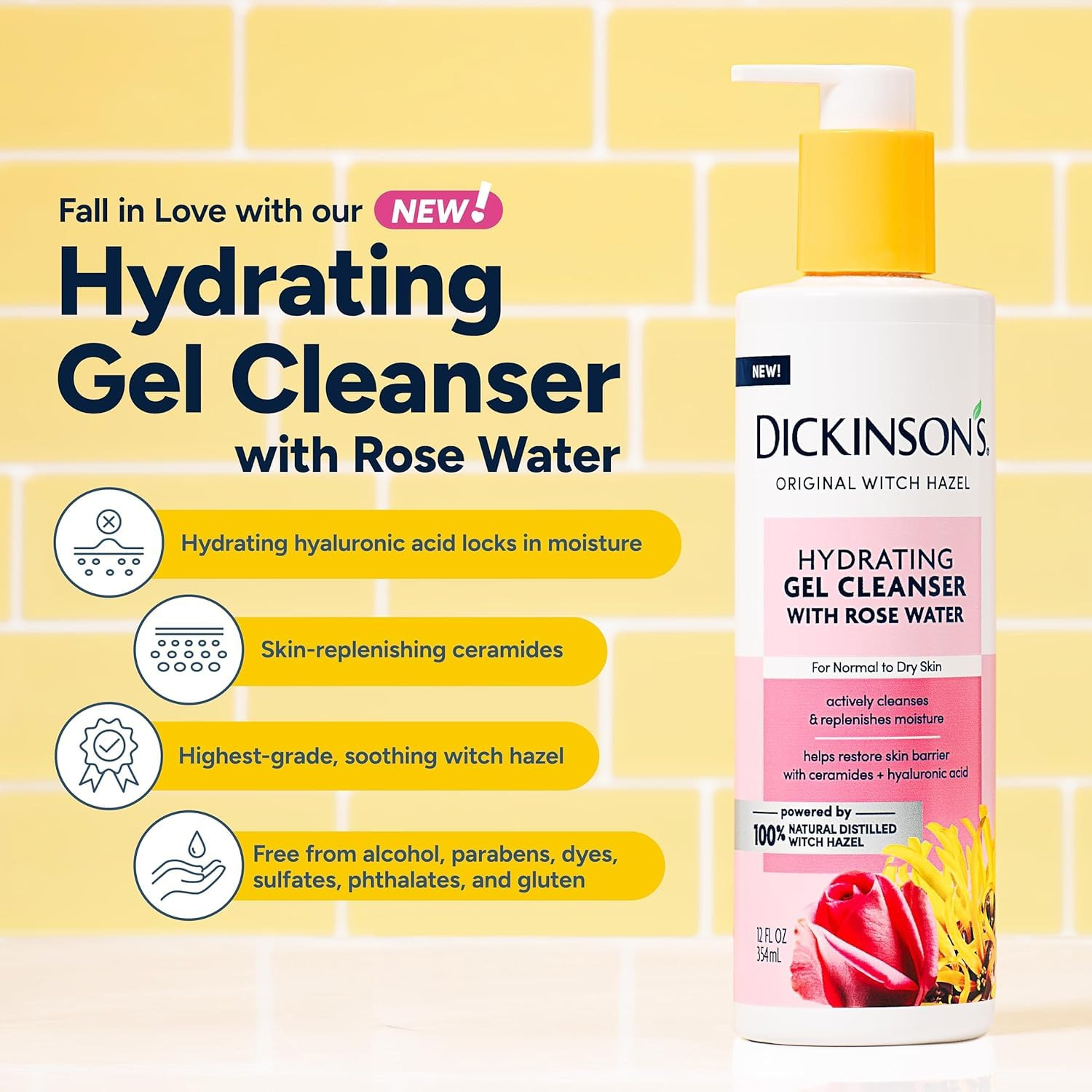 Dickinsons Original Witch Hazel Hydrating Gel Facial Cleanser with Rose Water, 12 oz