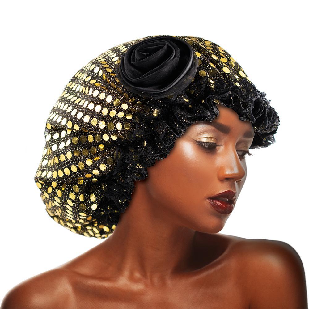 Sequins Flower Bonnet Cap Black&Gold