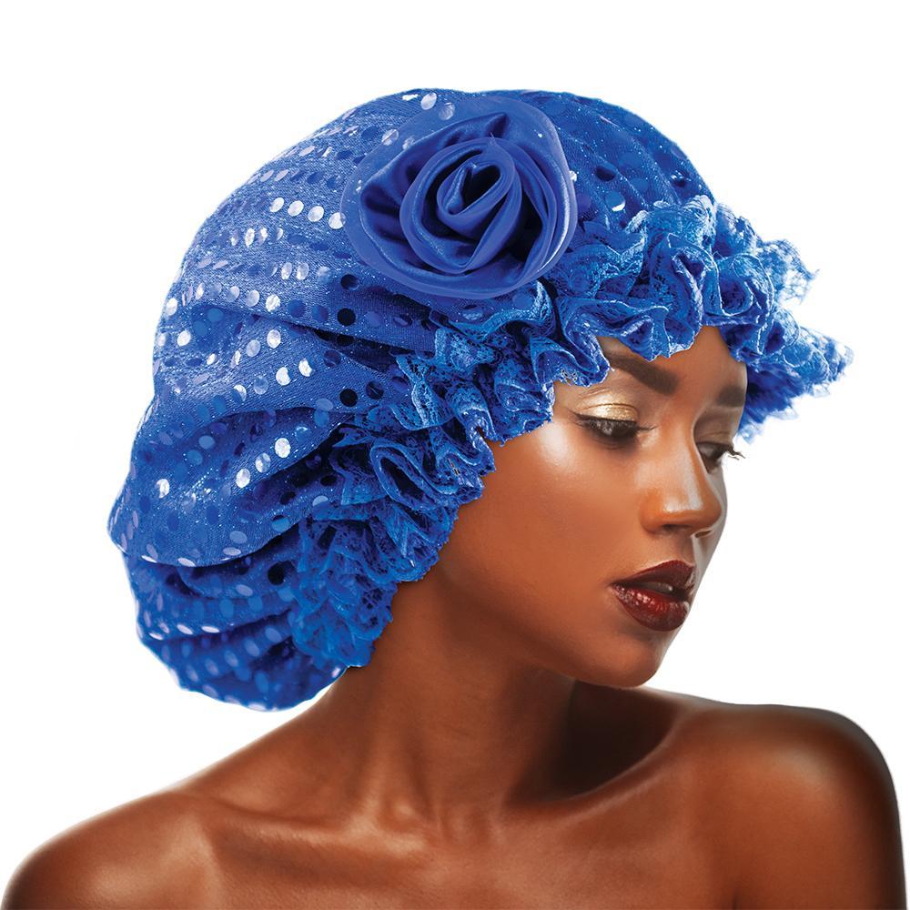 Sequins Flower Bonnet Cap Blue