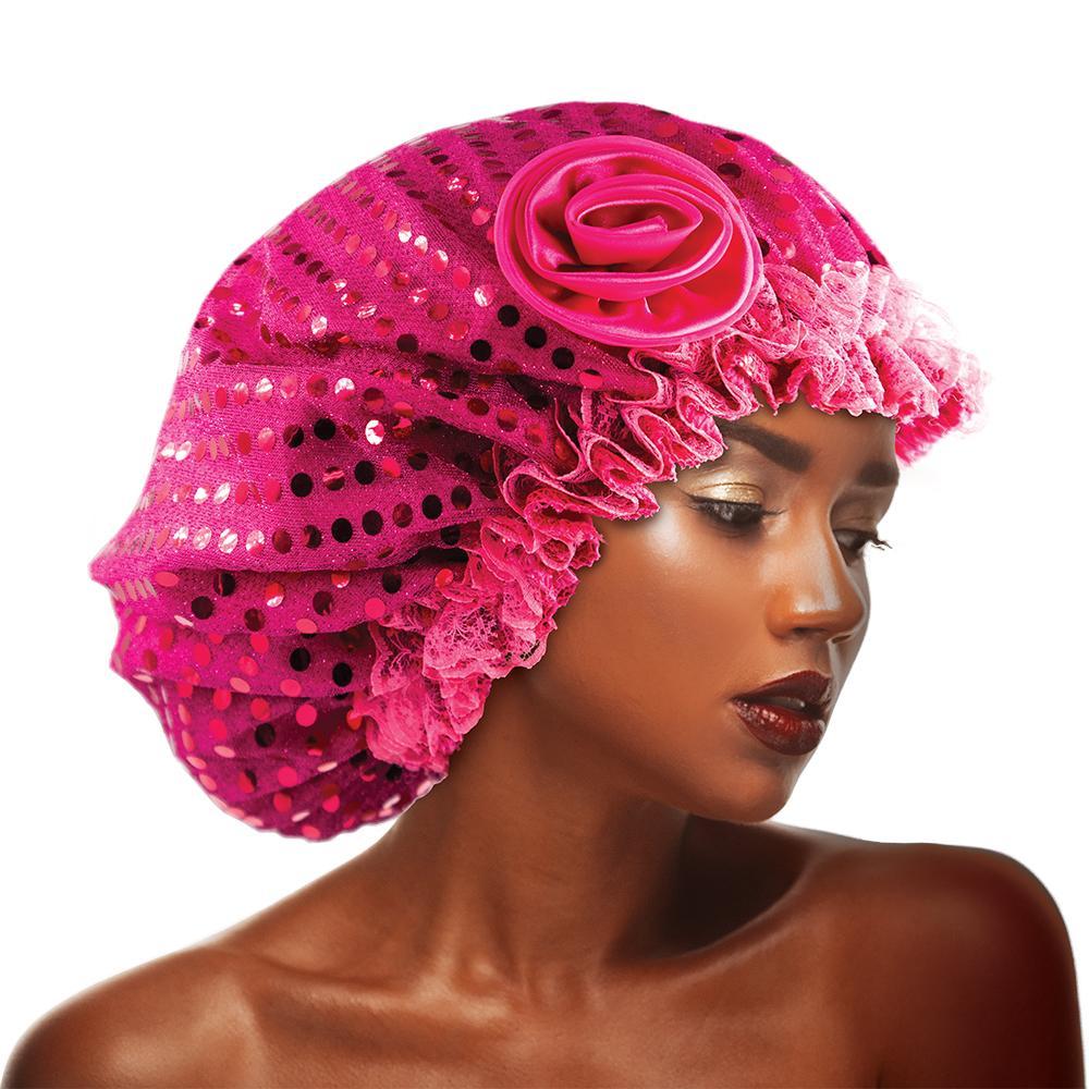 Sequins Flower Bonnet Cap Hot Pink