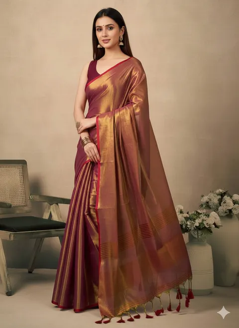 Margenta contrast weave pallu tissue silk blend saree with lining blouse