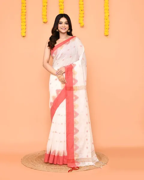 White cotton blend handloom saree with red temple border