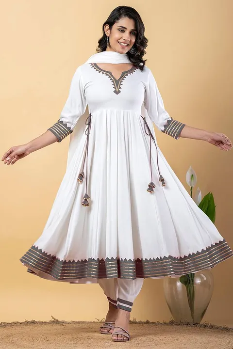 White grey gotta patti rayon stitched anarkali pant suit set