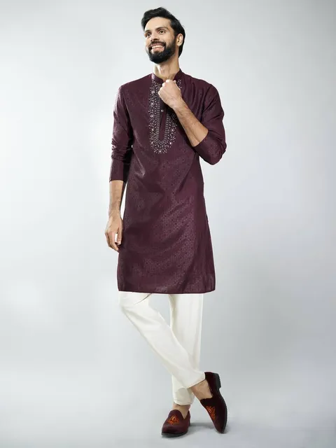 Men silk blend embroidered kurta pyjama set with cream viscose pyjama  wedding & festive wear