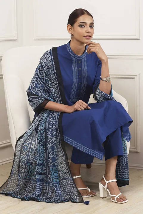 Indigo Cotton Solid Straight Suit Set