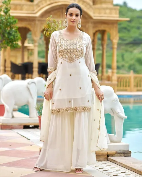 Off white embroidered sharara set