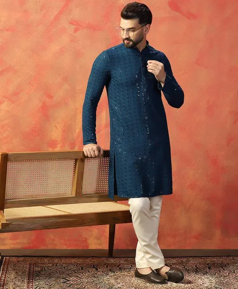 Blue sequins kurta pyjama set     festive indian party wear for men