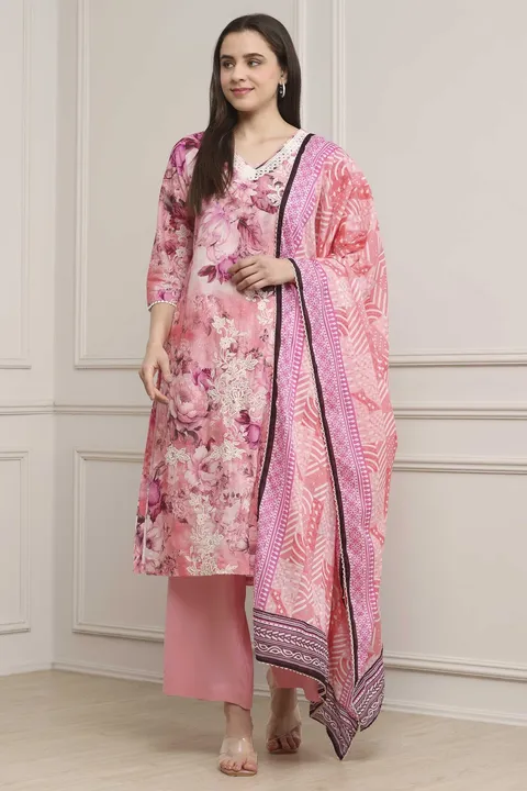Pink Cotton Floral Printed Straight Suit Set