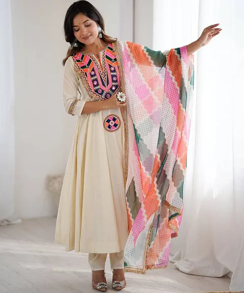 Off white embroidered anarkali with dupatta