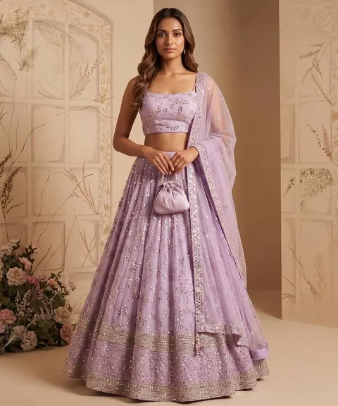 Lavender embroidered georgette flaired lehenga choli with dupatta