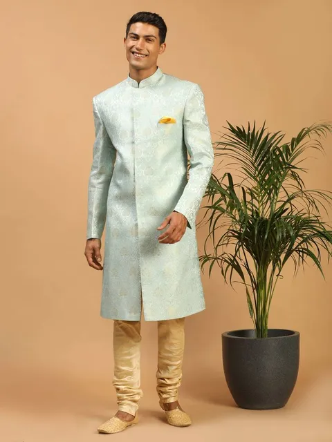 Mens sky blue brocade sherwani set