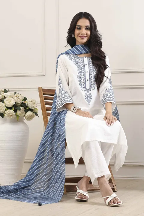 White & Indigo Cotton Hand-Embroidered Straight Suit Set