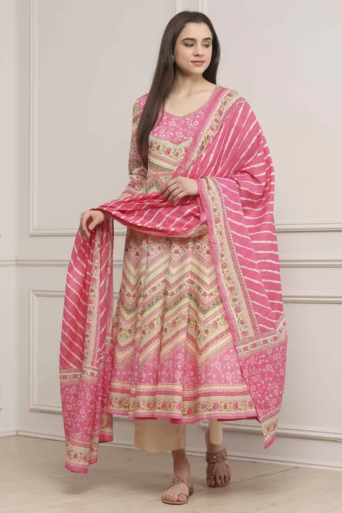 Pink Cotton Printed Anarkali Suit Set