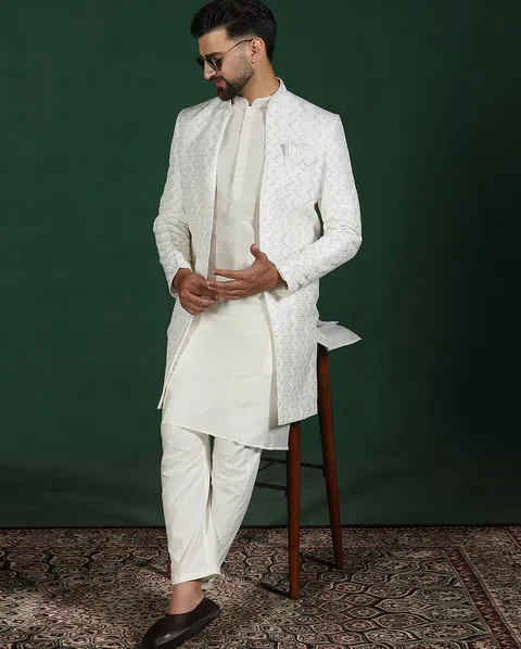 White open sherwani kurta pyjama set     embroidered indian wedding outfit