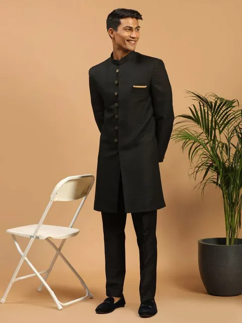Black silk blend sherwani suit set with woven work - stitched