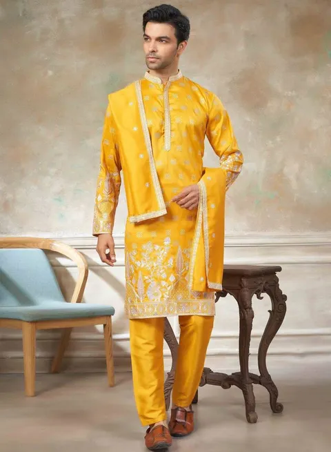 Yellow silk with embroidery work kurta pajama with dupatta menswear