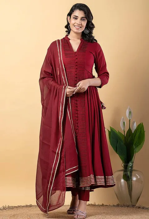 Maroon gotta patti rayon stiched anarkali style pant with kurta set