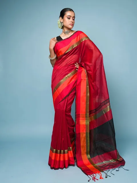 Red cotton blended saree with red, orange and golden border