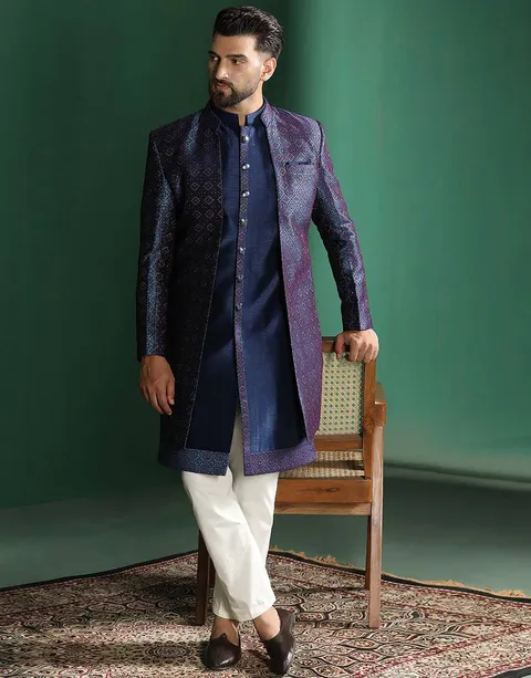 Navy blue indo-western sherwani with kurta pajama in front open style