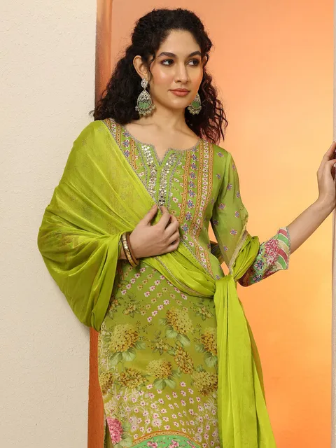 Libas Green Printed Chinon  Straight Suit Set With Dupatta