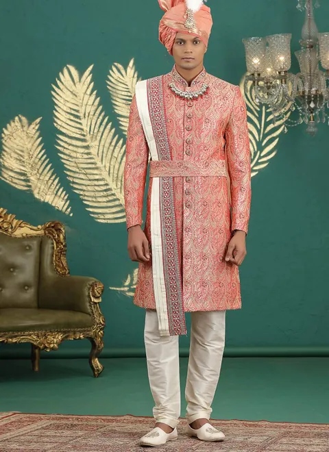 Banarasi jacquard peach wedding wear hand embroidery readymade groom