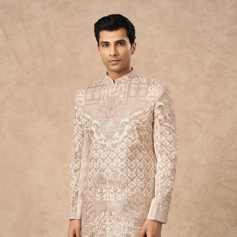 Champagne Silk Sherwani with Embroidery