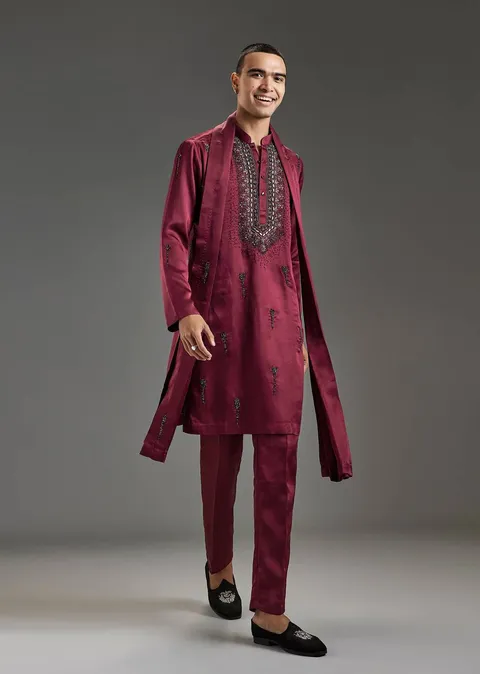 Red Maroon Silk Kurta Set With Metal Stone Detail | KALKI Fashion India
