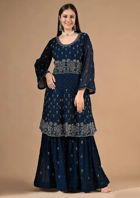 Blue georgette sharara set with thread & crystal embroidery