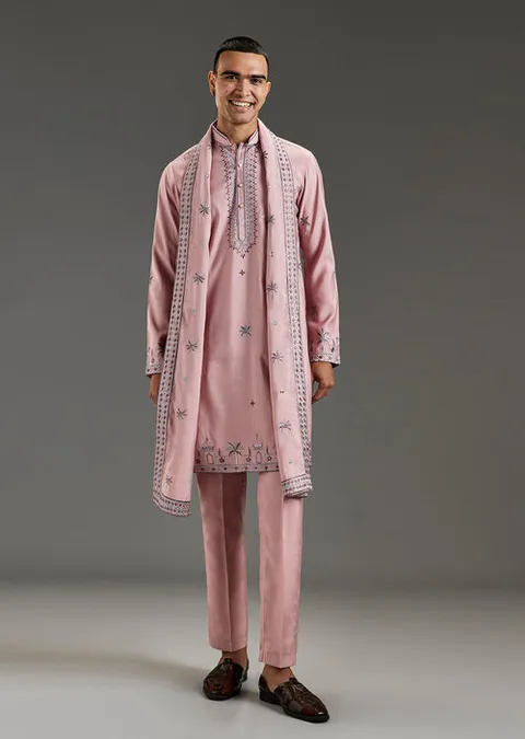 Onion Pink Kurta Set For Men With Thread Work