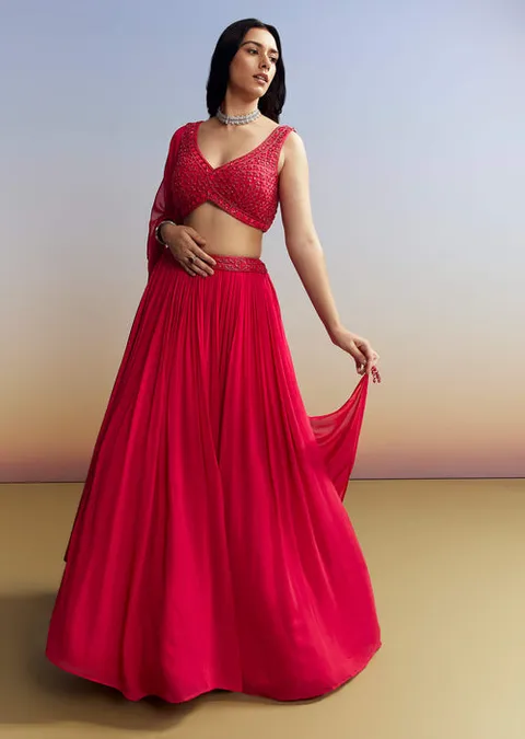 Red Georgette Lehenga with Cut Dana Choli