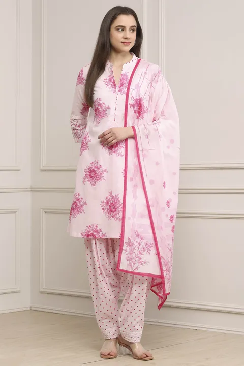 Pink Cotton Printed Straight Salwar Suit Set