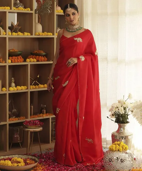 Red plain silk blend saree