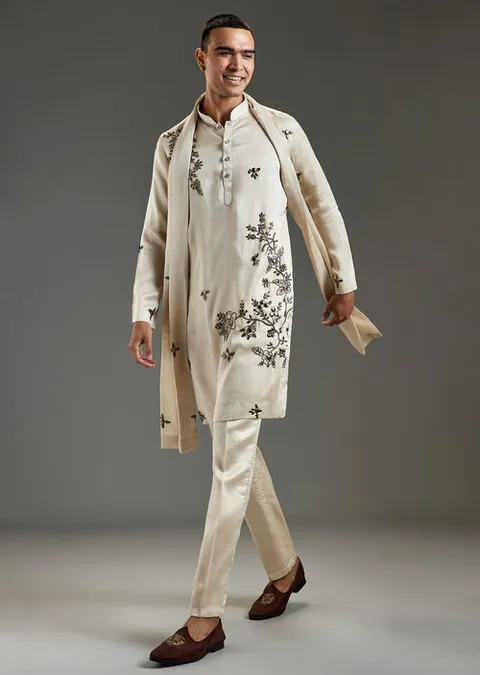 Off White Metal Hand Embroidered Kurta Set