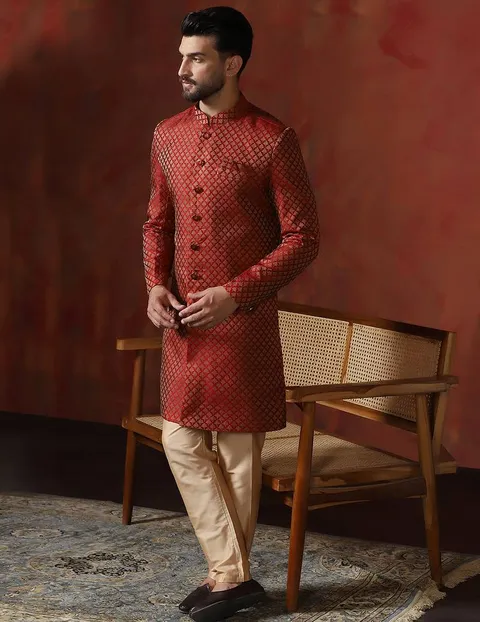 Red jacquard blend indo western and dhoti set for men with printed design