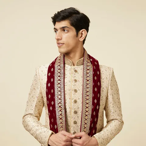 Cream Bel Buti Patterned Sherwani set