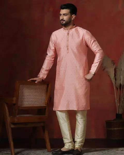 Pink dupion kurta for men with solid design