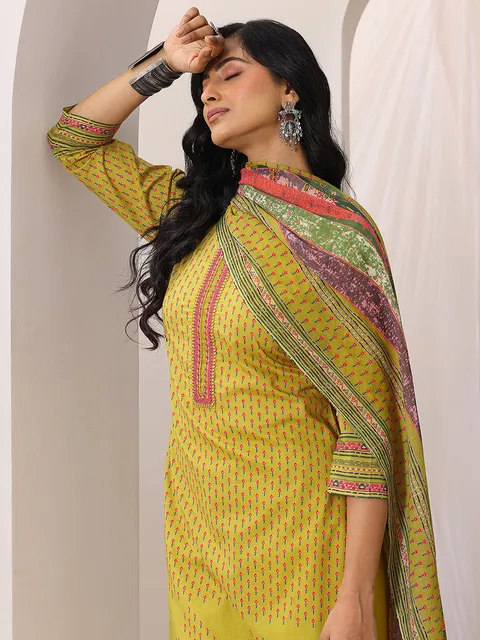 Libas Green Printed Cotton Straight Suit Set With Dupatta
