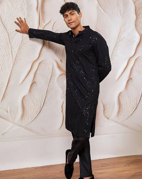 Mens black cotton kurta with silk blend pant set - formal festive ethnic wear with sequin embroidery