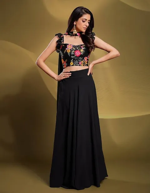 Luxury black georgette embroidered lehenga choli with dupatta