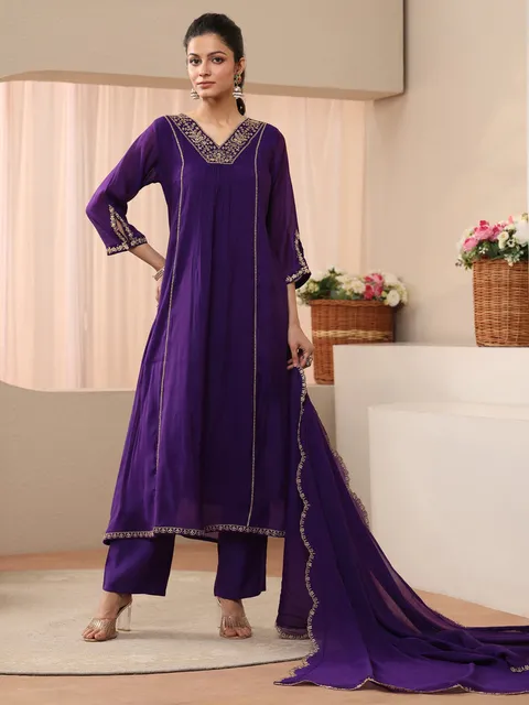 Libas Purple Embellished Silk Blend A-line Suit Set