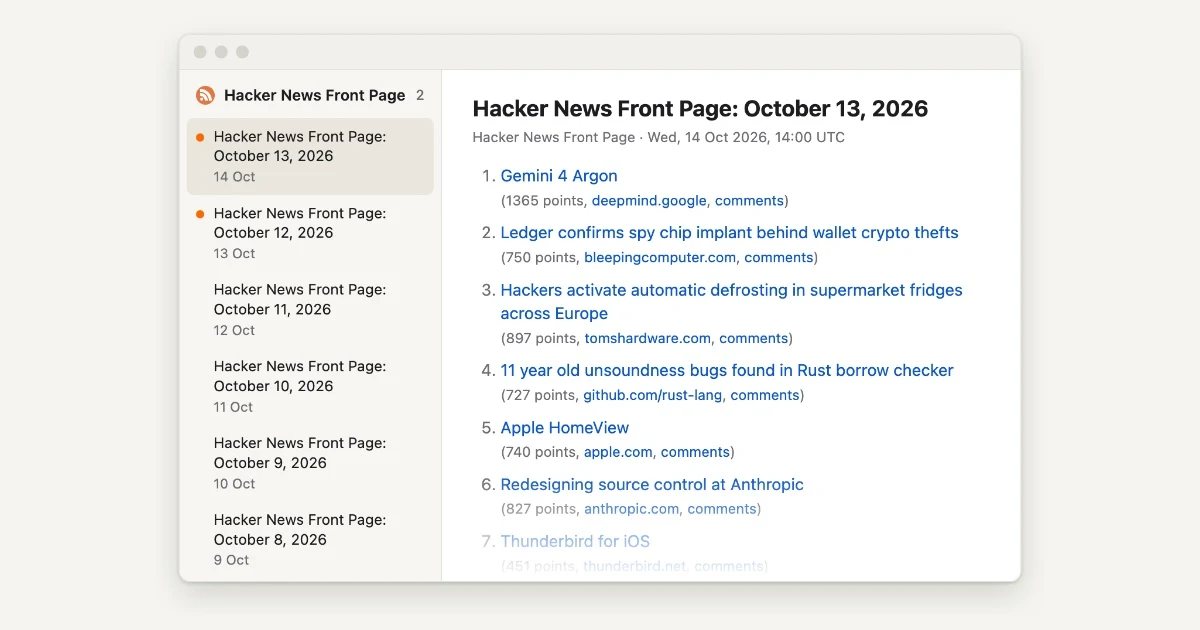 Hacker News RSS: Daily Front Page and Show HN Feeds preview