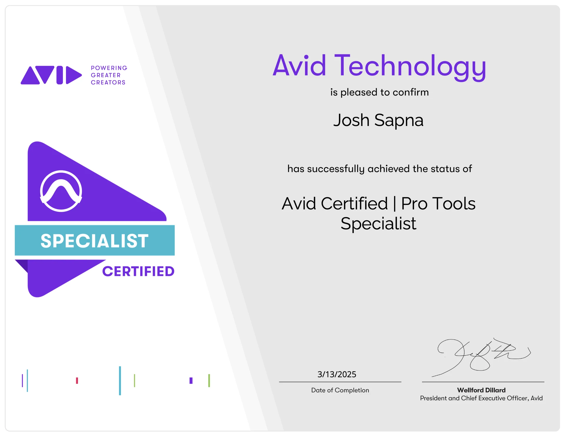 Josh Sapna, Avid Certified Pro Tools Specialist, issued March 2025