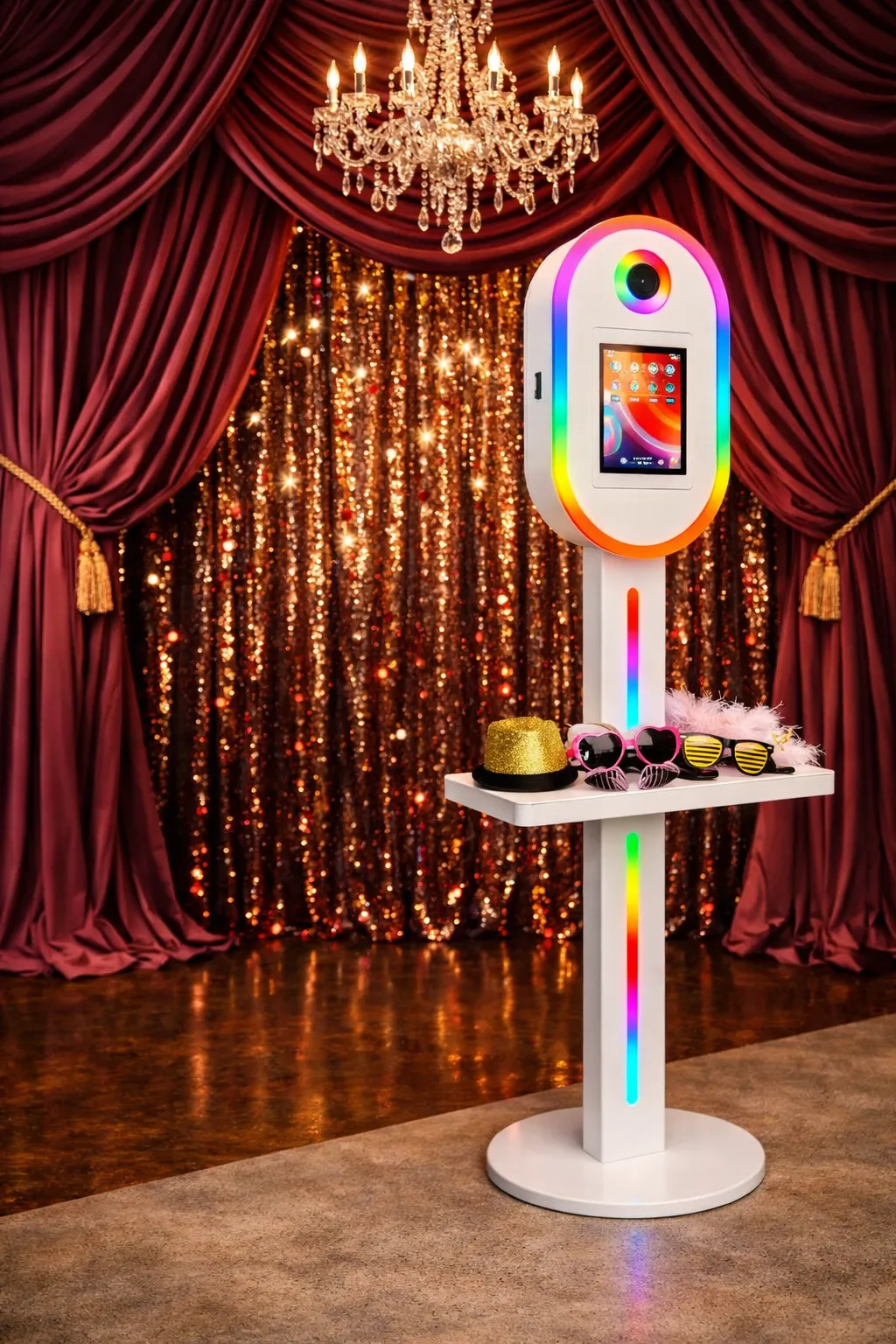 Photo booth with LED lights, touchscreen, and props
