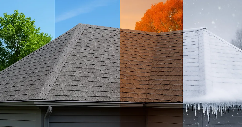 Weather-damaged roof showing the effects of sun, rain, and wind on shingles