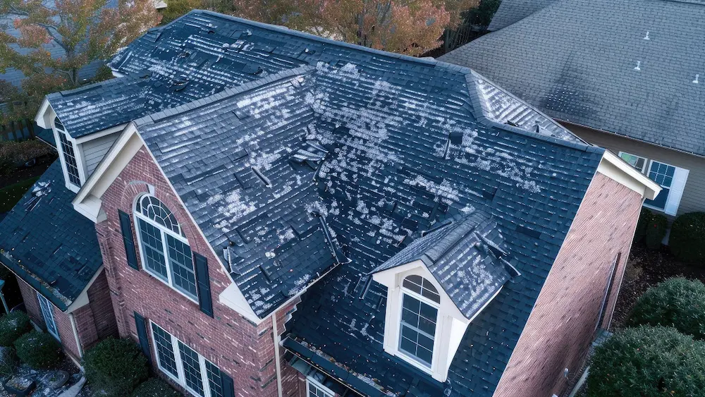 Close-up of hail-damaged roof shingles in Bethlehem, PA